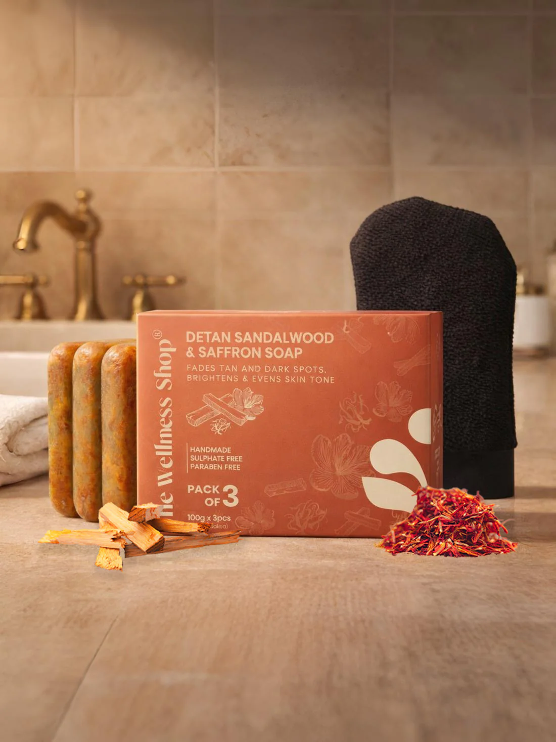 Detan Sandalwood & Saffron Soap - Pack of 3 + FREE Exfoliating Glove - Image 3