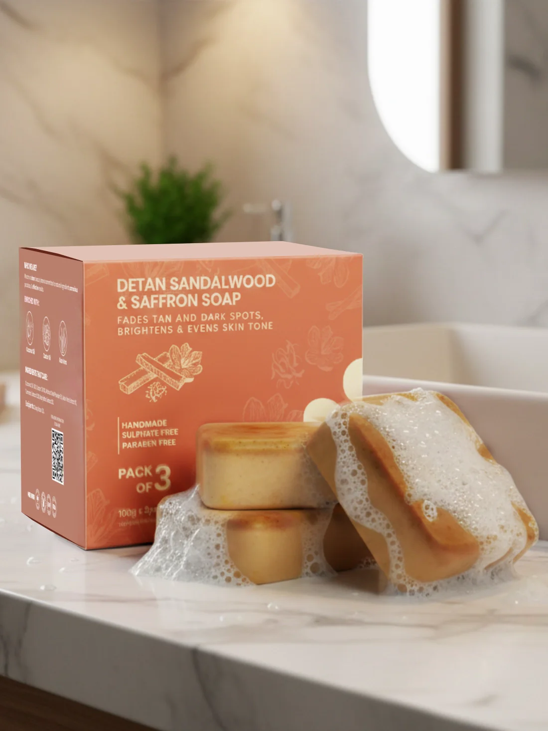 Detan Sandalwood & Saffron Soap - Pack of 3 + FREE Exfoliating Glove - Image 7