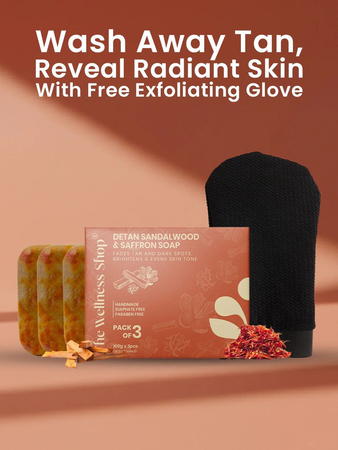 Detan Sandalwood & Saffron Soap - Pack of 3 + FREE Exfoliating Glove - Image 8
