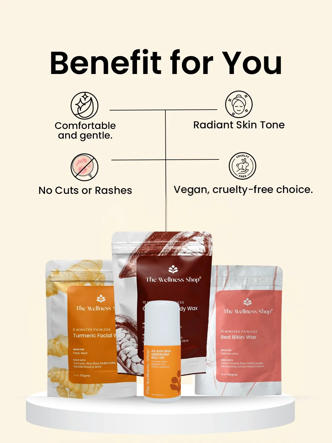 Turmeric Facial Wax+ Bikini Wax Powder+ Chocolate Hair Removal Powder + 4% Aha Bha Underarm Roll On - Image 3